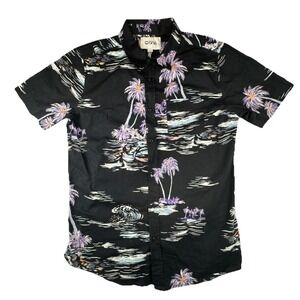 Warehouse One Shirt Small Black Tropical Palm Tree Print Short Sleeve Button Up